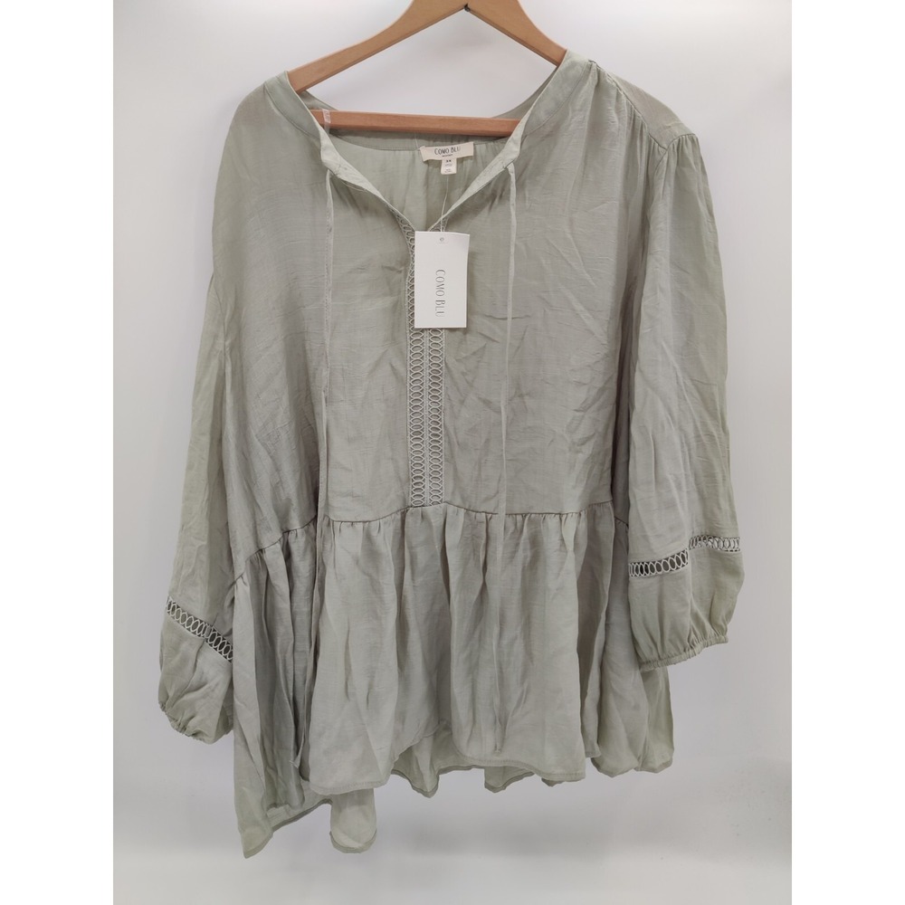 Como Blu Women 3X Sage Green Crochet Trim Long Sleeve Peasant Blouse NWT